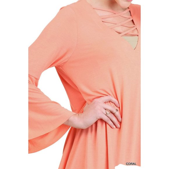 Umgee Crossed Neck Bell Sleeve Tunic, Coral - Picture 3 of 3